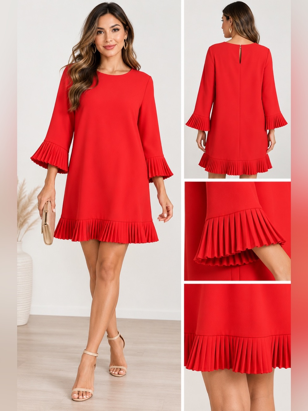 CeCe Red Pleated-Hem Shift Mini Dress